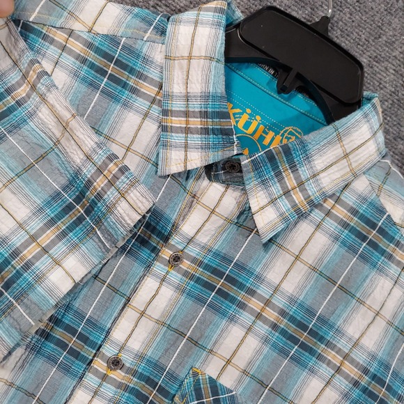 Kuhl Shirt Mens Medium Blue Plaid Short Sleeve Snap Front Outdoor Hiking Casual - Picture 1 of 10